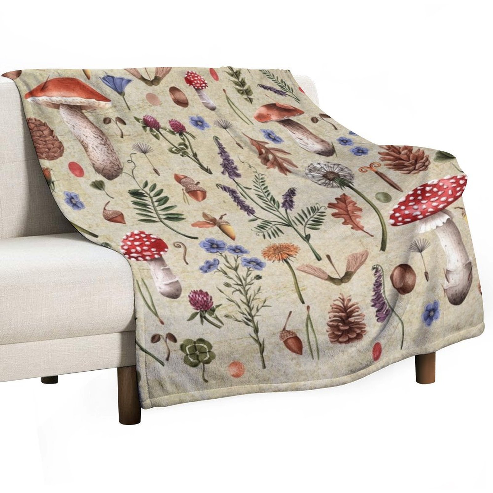 Neutral Throw Blanket - Cogumelos botânicos retrô, flores silvestres d?