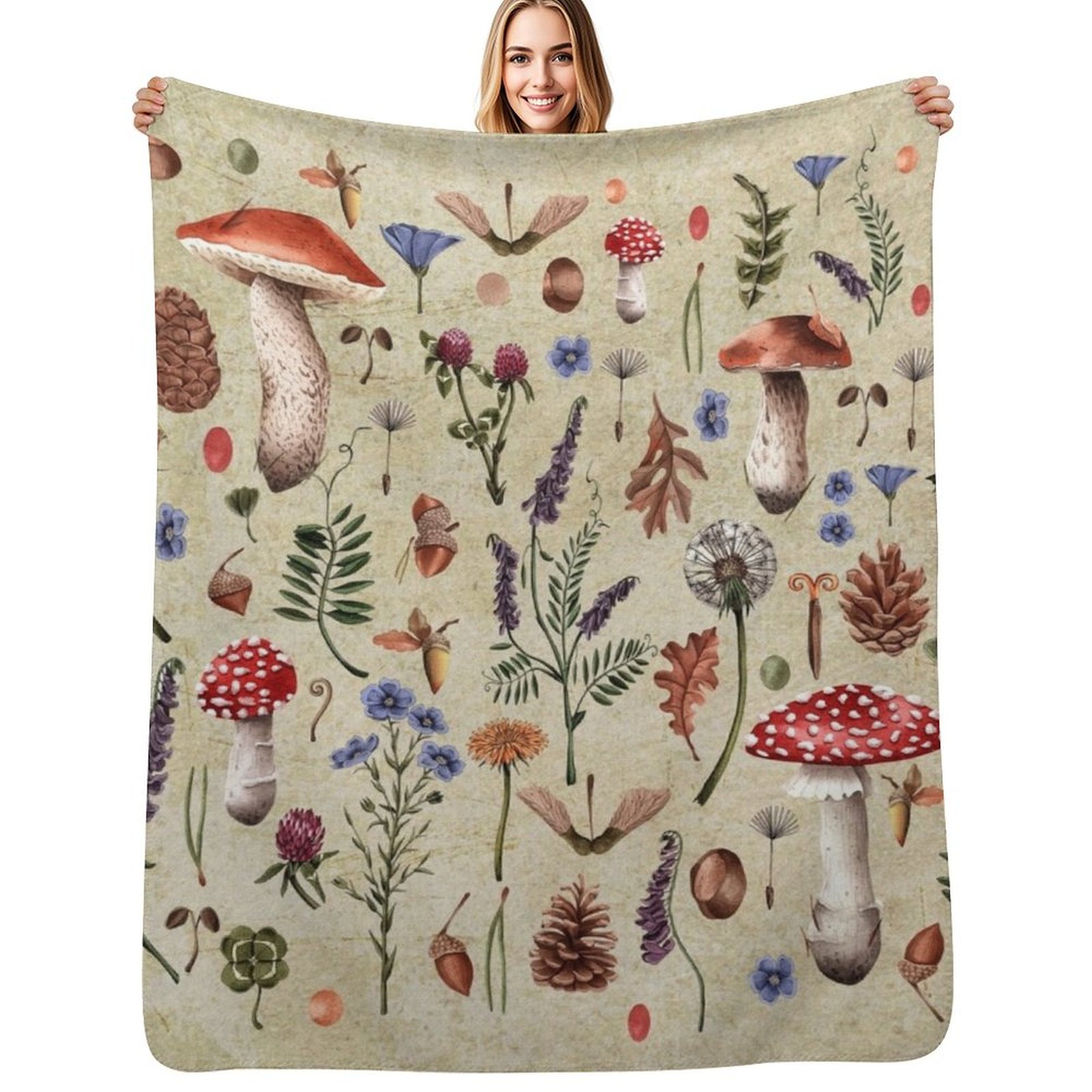 Neutral Throw Blanket - Cogumelos botânicos retrô, flores silvestres d?
