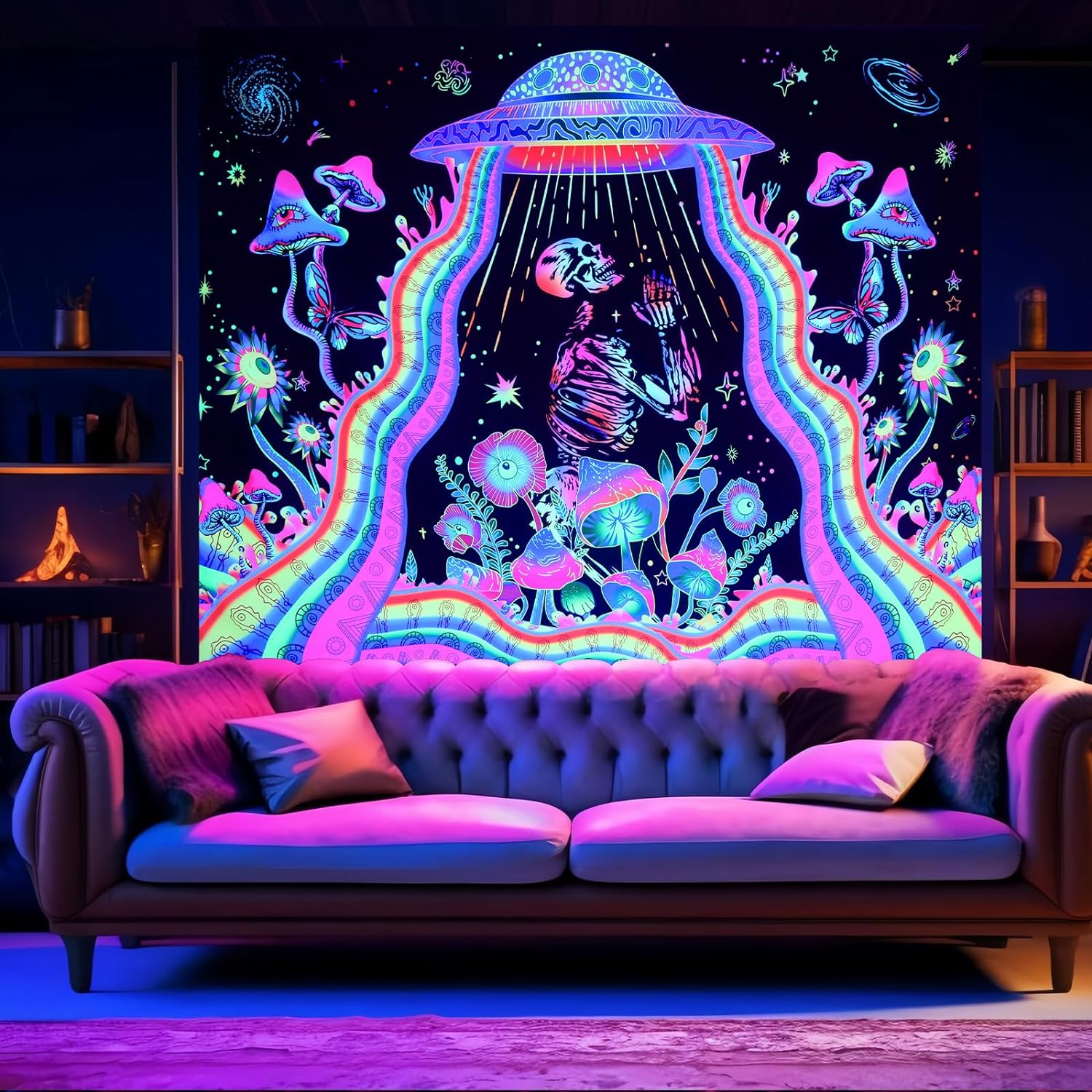 Tapeçaria de caveira blackligh - Aesthetic Tapestry avaliação e preço